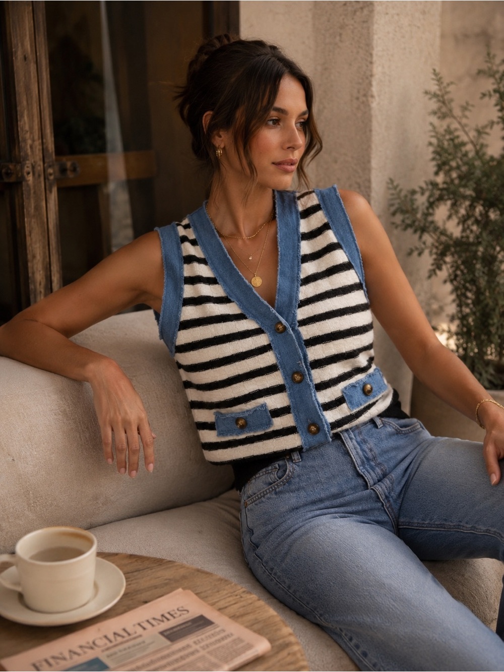 Striped Knit Button Vest with Denim Trim. Color: Blk, Wht & Denim Size: Medium